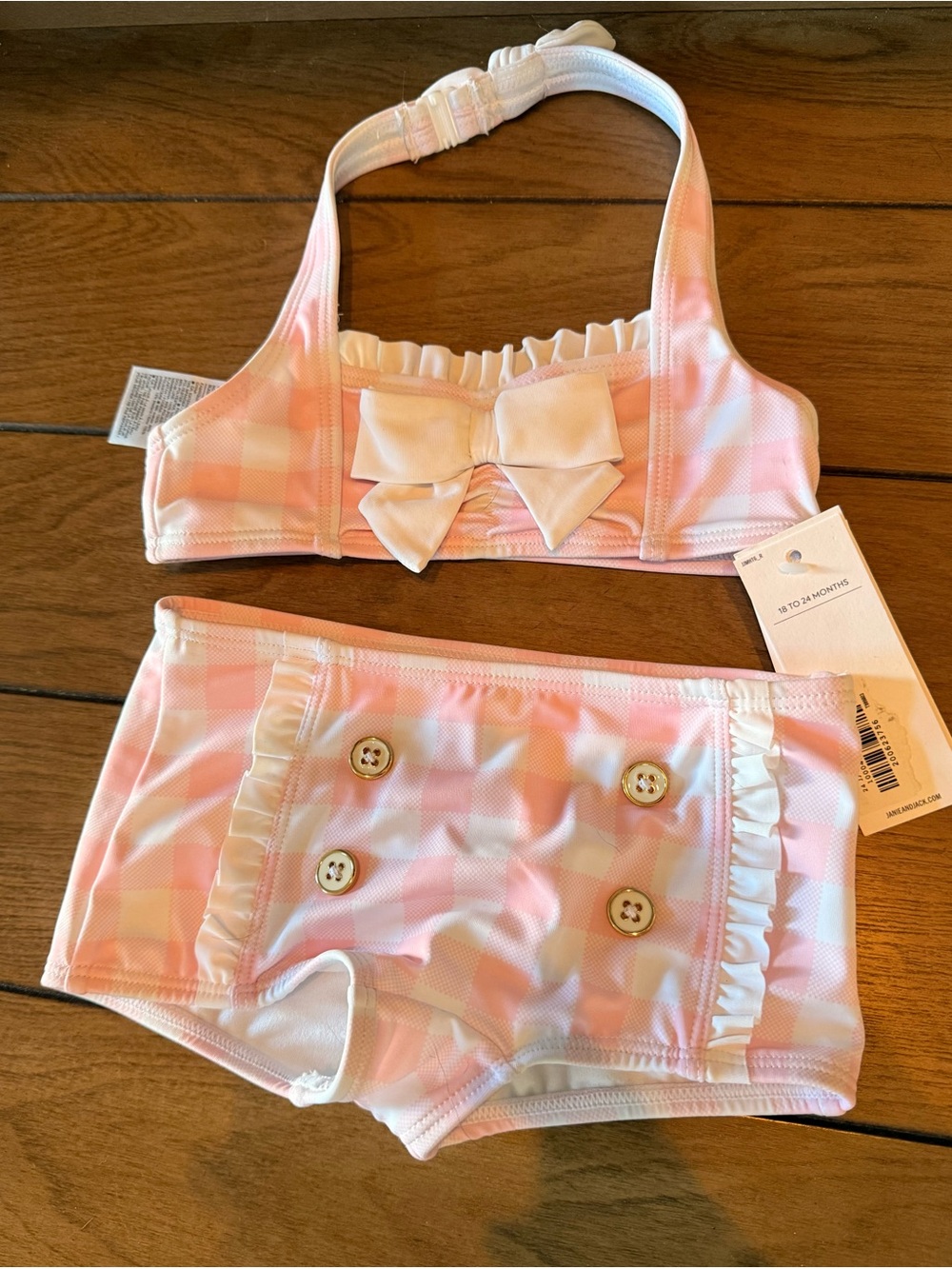 Janie and Jack Pink and White Gingham Bow Two-Piece Swim Set